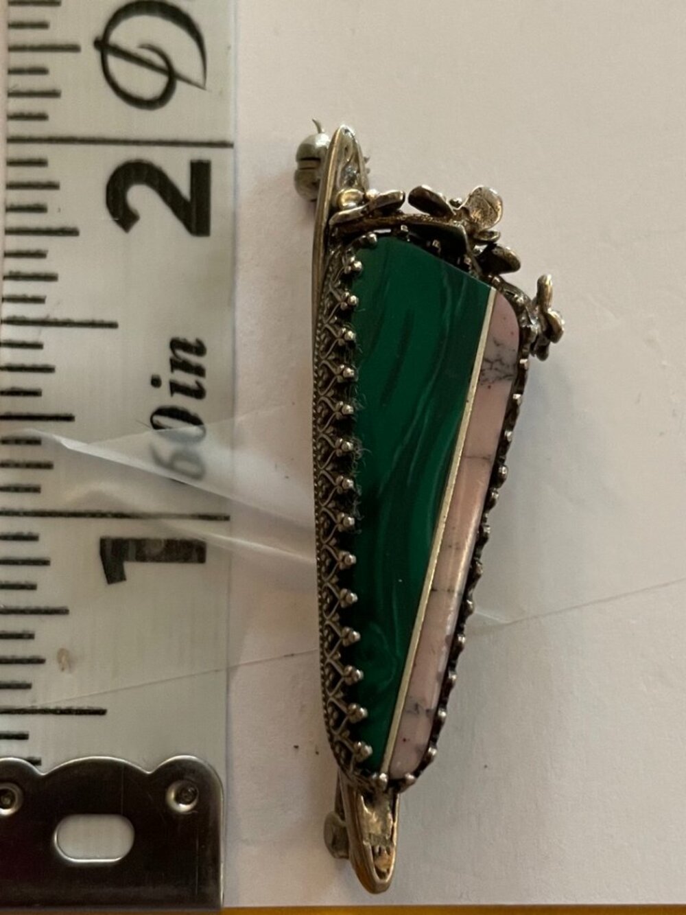 Vintage Sterling Silver Handmade OOAK Malachite Boho Pin Bob Stringer Y2K $150